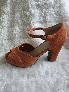 Seychelles Suede Peep-Toe Ankle-Strap Heel in Burnt Orange